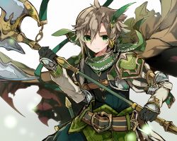 Rule 34 | 1boy, :/, armor, axe, bad id, bad pixiv id, belt, blush, brown cape, cape, cyawa, feather hair ornament, feathers, gloves, green eyes, hair between eyes, hair ornament, holding, holding axe, light brown hair, long sleeves, looking at viewer, male focus, pauldrons, shoulder armor, solo, sweatdrop, upper body, weapon