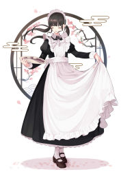 Rule 34 | 1girl, absurdres, apron, black dress, black hair, branch, brown footwear, cherry blossoms, closed eyes, dress, egasumi, floating hair, flower, frilled apron, frills, full body, hair flower, hair ornament, highres, holding, holding tray, juliet sleeves, long dress, long hair, long sleeves, low twintails, maid, maid apron, maid headdress, mary janes, neck ribbon, original, pantyhose, parted lips, puffy sleeves, ribbon, shadow, shii (kairi-t-k0317), shoes, sidelocks, skirt hold, smile, solo, standing, tray, twintails, victorian maid, white apron, white background, white flower, white pantyhose, white ribbon