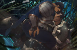 Rule 34 | 2boys, absurdres, armor, ass, bara, black hair, blue pants, blush, breastplate, bulge, bulge to ass, character request, darius (league of legends), eye contact, f jun, garen (league of legends), highres, imminent anal, imminent penetration, league of legends, looking at another, male focus, metal, multicolored hair, multiple boys, muscular, paid reward available, pants, pauldrons, pond, scar, scar across eye, scar on face, short hair, shoulder armor, sitting, sitting on lap, sitting on person, smirk, spikes, spread legs, streaked hair, thick thighs, thighs, tight clothes, vambraces, white hair, yaoi