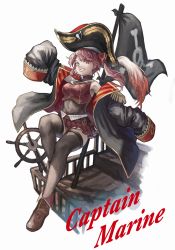Rule 34 | 1girl, absurdres, anchor symbol, belt, black coat, black hat, black thighhighs, brown footwear, character name, coat, covered navel, flag, frills, hat, heterochromia, highres, hololive, houshou marine, huge filesize, looking at viewer, pirate, pirate hat, red eyes, red skirt, ship&#039;s wheel, simple background, skirt, skull, skull print, sleeves past wrists, smile, solo, stairs, suru (seiya), teeth, thighhighs, twintails, virtual youtuber, white background, yellow eyes
