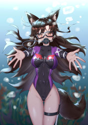 Rule 34 | 1girl, absurdres, ailu elf, animal ears, black leotard, black one-piece swimsuit, bodysuit, borrowed design, breasts, brown hair, clothes writing, collared shirt, commentary request, covered navel, cowboy shot, diving regulator, diving suit, english text, gluteal fold, goggles, highleg, highleg leotard, highleg swimsuit, highres, imaizumi kagerou, knife, leg strap, leotard, long hair, looking at viewer, medium breasts, one-piece swimsuit, outstretched arms, purple leotard, purple one-piece swimsuit, red eyes, scuba, scuba tank, shirt, skin tight, skindentation, solo, swimsuit, tail, thigh strap, thighs, touhou, underwater, very long hair, wetsuit, wolf ears, wolf girl, wolf tail