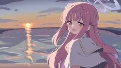 Rule 34 | 1girl, :d, absurdres, beach, blue archive, blunt bangs, cloud, cloudy sky, commentary request, eyes visible through hair, from behind, hair ornament, hair scrunchie, highres, horizon, long hair, looking at viewer, looking back, mika (blue archive), ocean, one side up, open mouth, pink hair, school uniform, scrunchie, sidelocks, sky, smile, solo, sunset, twilight, uhouhogorigori, yellow eyes