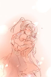 Rule 34 | 2girls, assault lily, bare shoulders, blue sailor collar, blush, closed mouth, commentary request, covered face, cowboy shot, detached sleeves, gradient background, grey background, hair ribbon, hairband, heads together, hug, jacket, juliet sleeves, kishimoto maria mirai, limited palette, long hair, long sleeves, miniskirt, multiple girls, mutual hug, nagasawa yuki (assault lily), orange background, partially colored, ponytail, puffy sleeves, purple hairband, purple ribbon, ribbon, sailor collar, santouka, school uniform, serafuku, shirt, sketch, skirt, sleeveless, sleeveless shirt, smile, standing, tearing up, thighhighs, waist cape, yuri