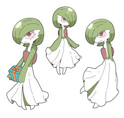 Rule 34 | 1girl, arms behind back, blush, closed mouth, colored skin, creatures (company), female focus, full body, game freak, gardevoir, gen 3 pokemon, gift, green hair, green skin, hair over one eye, highres, holding, incoming gift, looking at viewer, multicolored skin, multiple views, nervous, nintendo, pokemon, pokemon (creature), red eyes, short hair, shy, simple background, standing, sweat, tazonotanbo, two-tone skin, wavy mouth, white background, white skin