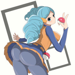 Rule 34 | 10s, 1girl, ace trainer (pokemon), ass, ayajou issa, belt, bent over, blue eyes, blue hair, blush stickers, breasts, covered erect nipples, creatures (company), drill hair, from behind, game freak, hair ornament, holding, holding poke ball, huge ass, large breasts, long hair, looking back, matching hair/eyes, nintendo, npc trainer, pantyhose, pleated skirt, poke ball, pokemon, pokemon bw, skirt, solo, twin drills, twintails, v, waist poke ball