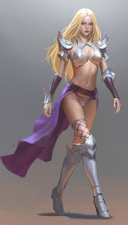 Rule 34 | 1girl, armor, bikini armor, blonde hair, blue eyes, boots, breasts, cleavage, cleavage cutout, clothing cutout, fishnet thighhighs, fishnets, greaves, high heels, kilart, knee boots, lipstick, long hair, makeup, navel, original, pauldrons, shoulder armor, showgirl skirt, solo, thighhighs, vambraces, walking