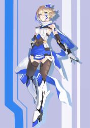 Rule 34 | 1girl, android, aqua eyes, arm tattoo, armor, armored boots, black gloves, black thighhighs, blonde hair, blue hair, blue skirt, boots, breasts, covered navel, drop shadow, elbow gloves, faulds, female focus, full body, gloves, hair ornament, hand on own hip, high heels, highres, joints, knee boots, level9kaito, looking at viewer, medium breasts, miniskirt, multicolored hair, nate (world flipper), navel, parted lips, pencil skirt, purple background, scarf, short hair, sideboob, sidelocks, simple background, skirt, solo, standing, streaked hair, striped, striped background, swept bangs, tattoo, teeth, thighhighs, two-sided scarf, two-tone hair, v-shaped eyebrows, vambraces, white footwear, white scarf, world flipper