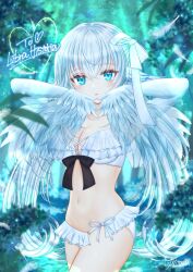 Rule 34 | 1girl, 2022, bikini, blue eyes, blush, breasts, cleavage, feathers, highres, hit0m1417, looking at viewer, medium breasts, navel, solo, standing, swimsuit, white bikini, white feathers, white hair