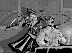 Rule 34 | 1boy, 1girl, armor, assassination, blood, candle, cape, covered face, dark souls (series), decapitation, full armor, greyscale, highres, lord&#039;s blade ciaran, menaslg, monochrome, murder, plume, weapon, writing
