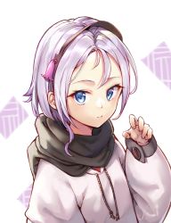 Rule 34 | 1girl, black cola, black scarf, blue eyes, closed mouth, commentary, drawstring, hand up, highres, hood, hood down, hoodie, long sleeves, looking at viewer, original, parted bangs, puffy long sleeves, puffy sleeves, scarf, silver hair, sleeves past wrists, solo, symbol-only commentary, upper body, white background, white hoodie