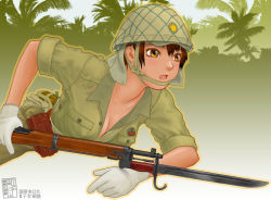 Rule 34 | 1girl, bayonet, bolt action, breasts, brown eyes, brown hair, cleavage, gloves, gun, helmet, imperial japanese army, japan, jungle, large breasts, military, military uniform, nature, open mouth, rifle, short hair, sino, sino (mechanized gallery), sleeves rolled up, solo, tomboy, unbuttoned, uniform, weapon, world war ii