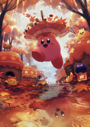 Rule 34 | absurdres, autumn, autumn leaves, black headwear, blush, broom, character request, day, forest, hat, highres, kirby, kirby (series), nature, nintendo, open mouth, outdoors, puddle, reflection, reflective water, smile, suyasuyabi, tree, water, witch hat