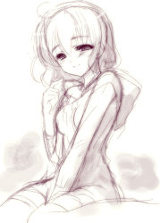 Rule 34 | 1girl, between legs, blush, hand between legs, happy, hood, hoodie, looking at viewer, monochrome, original, pointing, pointing at self, short hair, shouna mitsuishi, sitting, sketch, smile, solo, v arms, wariza