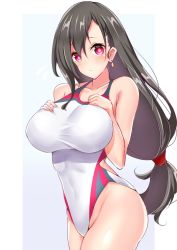 Rule 34 | 1girl, bare shoulders, black hair, blush, breasts, collarbone, competition swimsuit, covered navel, earrings, final fantasy, final fantasy vii, hands on own chest, highleg, highleg swimsuit, highres, jewelry, large breasts, long hair, looking at viewer, low-tied long hair, one-piece swimsuit, red eyes, sankakusui, solo, swept bangs, swimsuit, thighs, tifa lockhart, white one-piece swimsuit