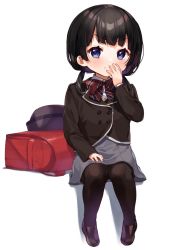 Rule 34 | 1girl, :t, aged down, backpack, bag, black hair, black jacket, black pantyhose, blazer, blue eyes, blush, bow, brown footwear, closed mouth, collared shirt, diagonal stripes, eating, food, food on face, full body, grey skirt, hand to own mouth, jacket, loafers, long hair, looking at viewer, low twintails, nijisanji, pantyhose, pleated skirt, randoseru, red bow, school uniform, shadow, shirt, shoes, sitting, skirt, solo, striped, striped bow, tsukino mito, tsukino mito (11th costume), twintails, v-shaped eyebrows, virtual youtuber, white background, white shirt, yamabukiiro
