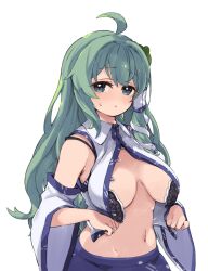 Rule 34 | 1girl, ahoge, blue skirt, breasts, frog hair ornament, green eyes, green hair, hair between eyes, hair ornament, hair tubes, highres, japanese clothes, kochiya sanae, large breasts, long hair, mota, navel, nontraditional miko, parted lips, simple background, skirt, snake hair ornament, solo, touhou, upper body, white background