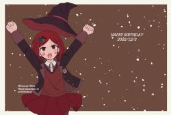 Rule 34 | 108 (toowa), 1girl, arms up, black hat, black jacket, blush, brown background, brown vest, collared shirt, danganronpa (series), danganronpa v3: killing harmony, dated, dress shirt, gem, hair ornament, happy, happy birthday, hat, highres, jacket, looking up, open clothes, open jacket, pleated skirt, red eyes, red hair, red hat, red skirt, shirt, short hair, skirt, smile, solo, vest, white shirt, witch hat, yumeno himiko