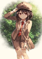 Rule 34 | 1girl, absurdres, adjusting clothes, adjusting headwear, bag, black hair, blouse, brown hat, cabbie hat, closed mouth, collared shirt, contrapposto, forbidden scrollery, hand on own thigh, hat, highres, jacket, long sleeves, messenger bag, necktie, no wings, pointy ears, red eyes, red necktie, shameimaru aya, shameimaru aya (newsboy), shirt, short hair, shorts, shoulder bag, smile, solo, standing, suit jacket, thkani, tie clip, touhou, white shirt