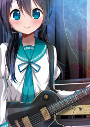 Rule 34 | 1girl, amplifier, black hair, blue eyes, blue ribbon, blush, commentary request, electric guitar, gibson les paul, guitar, hair between eyes, holding, holding instrument, instrument, long sleeves, looking at viewer, low twintails, original, ragho no erika, ribbon, school uniform, serafuku, smile, solo, twintails, upper body