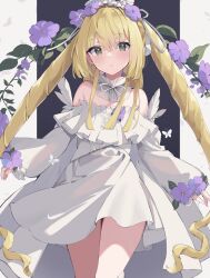 Rule 34 | 1girl, bare shoulders, blonde hair, blush, bow, bowtie, breasts, bug, butterfly, character request, chunithm, closed mouth, collar, commentary request, cowboy shot, crossed legs, detached collar, dress, dress flower, drill hair, expressionless, floating clothes, floral background, flower, frilled collar, frilled dress, frills, green eyes, hair flower, hair ornament, highres, insect, lavender (flower), long hair, long sleeves, maid headdress, mushpz, off-shoulder dress, off shoulder, simple background, small breasts, solo, thighs, twin drills, twintails, very long hair, watson cross, white dress, wrist flower