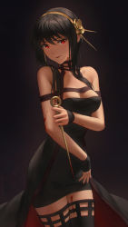 Rule 34 | 1girl, arm under breasts, bare shoulders, black dress, black thighhighs, blood, blood on arm, blood on face, blood on hands, blood on leg, breasts, cleavage, covered erect nipples, cowboy shot, dress, flower, gold hairband, hair flower, hair ornament, hairband, head tilt, highres, lips, lipstick, looking at viewer, makeup, medium breasts, miura-n315, red eyes, red lips, short dress, sidelocks, solo, spy x family, standing, thighhighs, thighs, two-sided dress, two-sided fabric, yor briar