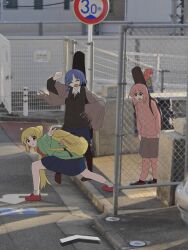 Rule 34 | 4girls, ahoge, backpack, bag, black pantyhose, black skirt, blonde hair, blue eyes, blue hair, bocchi the rock!, chain-link fence, closed eyes, cube hair ornament, detached ahoge, fence, gotoh hitori, gotoh hitori (octopus), green eyes, green hoodie, hair ornament, hairclip, high school girls posing for google street view (meme), highres, holding, holding bag, holding instrument, hood, hoodie, ijichi nijika, instrument, instrument case, kessoku band, kita ikuyo, long hair, looking at viewer, looking back, medium hair, meme, mole, mole under eye, multiple girls, open mouth, pantyhose, pink hair, pink track suit, pleated skirt, ponytail, real life, real life insert, real world location, red eyes, red footwear, red hair, road, road sign, school uniform, shuka high school uniform, side ahoge, side ponytail, sign, skirt, sweat, sweatdrop, track suit, undershirt, uniform, v, white undershirt, yamada ryo, yellow bag, zer0801192