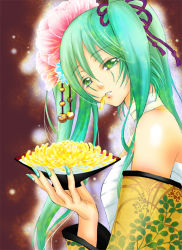 Rule 34 | 1girl, bandaged neck, bandages, flower, from side, glowing, green eyes, green hair, hair flower, hair ornament, hatsune miku, hurricane rinrin, long hair, lotus, matching hair/eyes, mouth hold, solo, teeth hold, twintails, vocaloid