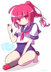 Rule 34 | 1girl, bare legs, barefoot, blue sailor collar, breasts, character name, commentary request, full body, hair ribbon, hand up, holding, i-168 (kancolle), kantai collection, long hair, looking at viewer, neckerchief, one-piece swimsuit, ponytail, red eyes, red hair, red neckerchief, rensei, ribbon, sailor collar, school swimsuit, shadow, shirt, short sleeves, simple background, small breasts, solo, swimsuit, swimsuit under clothes, torpedo, white background, white ribbon, white shirt