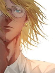 Rule 34 | 1boy, blonde hair, blue eyes, closed mouth, collared shirt, earrings, facial hair, glasses, guiwansang1, hair over one eye, highres, jewelry, looking at viewer, male focus, mole, mole under eye, portrait, round eyewear, shirt, simple background, single earring, solo, trigun, vash the stampede, white background, white shirt