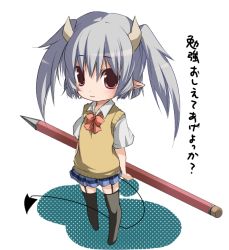 Rule 34 | 1girl, :3, bad id, bad pixiv id, chibi, demon girl, demon tail, garter straps, horns, kosumo, oversized object, pencil, pointy ears, school uniform, skirt, solo, sweater vest, tail, thighhighs, twintails, wooden pencil
