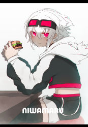 Rule 34 | 1girl, :t, absurdres, black jacket, black shorts, blush, burger, character name, closed mouth, eating, food, from side, goggles, goggles on head, hair between eyes, highres, jacket, letterboxed, long sleeves, looking at viewer, looking to the side, niwamaru (niwarhythm), niwarhythm, open clothes, open jacket, original, pink eyes, short shorts, shorts, simple background, sitting, solo, white background, white hair