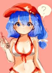 Rule 34 | 1girl, ?, adapted costume, bikini, blue eyes, blue hair, breasts, cabbie hat, collarbone, flat cap, hat, hat ornament, label girl (dipp), laspberry., looking at viewer, medium breasts, medium hair, midriff, navel, pink background, red headwear, side ponytail, simple background, speech bubble, star (symbol), star hat ornament, stomach, swimsuit, touhou, white bikini
