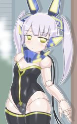 Rule 34 | 1girl, bare arms, bare shoulders, black leotard, black thighhighs, breasts, cable, cleavage, closed mouth, cowboy shot, doll joints, empty eyes, eyebrows, headgear, highleg, highleg leotard, joints, leotard, long hair, mecha musume, neets channel, no pupils, outline, purple hair, small breasts, solo, standing, thigh gap, thighhighs, twintails, virtual youtuber, vt-212, white outline, winn, yellow eyes, zettai ryouiki