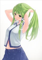 Rule 34 | 1girl, adjusting hair, armpits, arms up, bare shoulders, blue skirt, blunt bangs, breasts, cowboy shot, frog hair ornament, green eyes, green hair, hair ornament, hair tie in mouth, hair tubes, hand in own hair, highres, kanpa (campagne 9), kochiya sanae, large breasts, long hair, looking at viewer, midriff peek, mouth hold, navel, shirt, sidelocks, simple background, skirt, sleeveless, sleeveless shirt, snake hair ornament, solo, standing, touhou, white background, white shirt