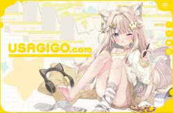 Rule 34 | 1girl, ;o, ?, animal ear fluff, animal ear headphones, animal ears, bandaid, bandaid on cheek, bandaid on face, bandaid on knee, bandaid on leg, barefoot, bendy straw, blush, border, brown hair, brown skirt, cat ear headphones, cat ears, cat girl, cat tail, commentary request, cookie, drinking straw, fake animal ears, food, grey eyes, grey socks, hair ornament, hairclip, headphones, headphones removed, heart, heart hair ornament, holding, holding stylus, hoshi (snacherubi), knees up, long hair, long sleeves, milk carton, mole, mole under eye, no shoes, off shoulder, one eye closed, one side up, original, parted lips, pillow, pixelated, plate, pleated skirt, puffy long sleeves, puffy sleeves, shirt, single sock, sitting, skirt, sleeves past wrists, socks, solo, spoken question mark, star-shaped pillow, star (symbol), star hair ornament, striped clothes, striped socks, stylus, tail, unworn socks, very long hair, watermark, web address, white shirt, window (computing), x hair ornament, yellow border