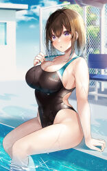 Rule 34 | 1girl, :d, :o, arm support, bare arms, bare legs, black one-piece swimsuit, blue sky, blush, breasts, brown hair, chain-link fence, cleavage, cloud, collarbone, colored eyelashes, commentary, competition school swimsuit, day, fence, hair between eyes, hawawa-chan (shiro kuma shake), highres, large breasts, looking at viewer, one-piece swimsuit, open mouth, original, outdoors, partially submerged, pool, poolside, puddle, purple eyes, school swimsuit, shiro kuma shake, short hair, sideboob, sitting, sky, smile, solo, swimsuit, thighs, wet