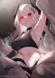 Rule 34 | 1girl, absurdres, arknights, arm up, armpits, artist name, bare shoulders, black choker, breasts, choker, commentary request, crop top, grey background, highres, horns, long hair, looking at viewer, material growth, medium breasts, midriff, mudrock (arknights), mudrock (elite ii) (arknights), navel, oripathy lesion (arknights), parted lips, pointy ears, red eyes, sarashi, silver hair, solo, sports bra, stomach, twitter username, yo-ba yo