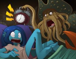Rule 34 | 1boy, 1girl, alarm clock, angry, bleedman, blue hair, blue skin, clock, colored skin, davy jones, disney, dreamworks, fins, fish girl, green headwear, hat, head fins, long hair, looking at another, looking at viewer, open mouth, pink shirt, pink shorts, pirate, pirates of the caribbean, ruby gillman: teenage kraken, ruby gillman (character), shirt, short sleeves, shorts, surprised, teeth, tentacle hair, tentacles, tricorne, waking up