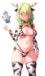 Rule 34 | 1girl, absurdres, animal ears, animal print, antlers, aqua nails, bell, bikini, black choker, blush, border, bow, braid, branch, breasts, bridal gauntlets, ceres fauna, choker, closed mouth, commentary, cow ears, cow girl, cow print, cow print bikini, cowbell, floating, floating object, flower, gluteal fold, green hair, groin, hair bow, hair flower, hair ornament, highres, hololive, hololive english, horns, large breasts, leaf, long hair, looking at viewer, milk carton, mole, mole under eye, multi-strapped bikini, nail polish, navel, neck bell, print bikini, print thighhighs, red bow, side-tie bikini bottom, signature, skindentation, solo, stomach, swimsuit, thighhighs, thighs, transparent background, twin braids, underboob, unsfrau, virtual youtuber, white border, yellow eyes