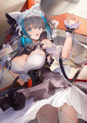 Rule 34 | 1girl, :3, absurdres, animal ears, apron, aqua eyes, azur lane, bikini, breasts, bridal garter, cheshire (azur lane), cleavage, detached sleeves, fake animal ears, fang, food, frilled hairband, frilled ribbon, frills, garter straps, grey hair, hairband, highres, indoors, large breasts, long ribbon, looking at viewer, maid, maid apron, multicolored hair, open mouth, puffy detached sleeves, puffy sleeves, ribbon, solo, strapless, strapless bikini, streaked hair, swimsuit, tray, you zhaqi