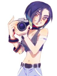 Rule 34 | 1girl, bare shoulders, blue hair, bob cut, brown eyes, camera, choker, creatures (company), crop top, denim, game freak, green hair, holding, holding camera, jeans, looking at viewer, loose hair strand, malan, midriff, multicolored hair, navel, nintendo, off-shoulder shirt, off shoulder, pants, perrin (pokemon), photographer, pokemon, pokemon sv, shirt, short hair, short sleeves, simple background, smile, solo, standing, white background