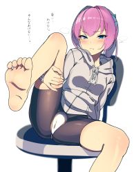 Rule 34 | 1girl, artist request, bad id, bad twitter id, barefoot, bike shorts, blue eyes, blush, breasts, breath, cameltoe, chair, closed mouth, feet, foreshortening, highres, hood, hood down, hoodie, jacket, kantai collection, leg up, long sleeves, panties, pink hair, ponytail, pussy juice stain, shinomu (cinomoon), shiranui (kancolle), shorts, simple background, sitting, solo, sweat, torn clothes, torn shorts, translated, underwear, white background, white panties