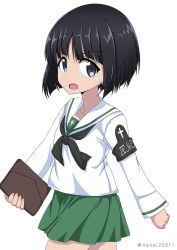 Rule 34 | 10s, 1girl, angry, armband, black eyes, black hair, black neckerchief, blouse, blunt bangs, bob cut, clenched hand, commentary, cowboy shot, folder, frown, girls und panzer, green skirt, holding, long sleeves, looking at viewer, miniskirt, neckerchief, one-hour drawing challenge, ooarai school uniform, open mouth, pleated skirt, school uniform, serafuku, shibagami, shirt, short hair, simple background, skirt, solo, sono midoriko, standing, twitter username, white background, white shirt