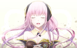 Rule 34 | 1girl, :d, bare shoulders, blue gemstone, blue nails, breasts, brooch, choker, cleavage, closed eyes, collarbone, detached collar, detached sleeves, female focus, floating hair, gem, hair ornament, headphones, jewelry, kikuchi mataha, long hair, medium breasts, megurine luka, megurine luka (vocaloid4), nail polish, neck, open mouth, own hands together, pink hair, round teeth, simple background, smile, solo, standing, strapless, teeth, upper body, very long hair, vocaloid, white background