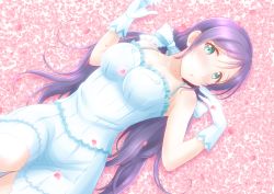 Rule 34 | 10s, 1girl, aqua eyes, bare shoulders, blush, breasts, ckst, from above, gloves, green eyes, long hair, looking at viewer, love live!, love live! school idol festival, love live! school idol project, lying, on back, purple hair, solo, tojo nozomi