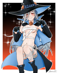Rule 34 | 1girl, artist name, bandaged head, bandaged leg, bandages, black footwear, black gloves, black hat, blue cloak, blush, boots, breasts, cloak, closed mouth, darkpulsegg, girls&#039; frontline, gloves, grey hair, halloween, halloween costume, hat, highres, long hair, looking at viewer, navel, no bra, official alternate costume, paw pose, red eyes, sarashi, simple background, small breasts, smile, solo, tokarev (girls&#039; frontline), tokarev (thief of sweetness) (girls&#039; frontline), witch, witch hat