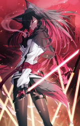 Rule 34 | 1girl, animal ear fluff, animal ears, arknights, belt, black capelet, black gloves, black hair, capelet, cigarette, feet out of frame, fingerless gloves, gloves, glowing, glowing eyes, hair between eyes, highres, holding, holding cigarette, holding sword, holding weapon, holster, jacket, long hair, long sleeves, looking at viewer, looking back, multicolored hair, pantyhose, qys3, red belt, red hair, smoking, solo, sword, tail, texas (arknights), thigh holster, two-tone hair, weapon, white jacket, wolf ears, wolf tail, yellow eyes