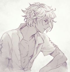 Rule 34 | 1boy, commentary request, grey background, lace-up sleeves, male focus, octopath traveler, octopath traveler i, partially unbuttoned, satou kivi, scar, scar on arm, scar on chest, shirt, short hair, short sleeves, sketch, solo, therion (octopath traveler), upper body
