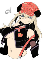 Rule 34 | 1girl, alisa ilinichina amiella, blue eyes, breasts, cabbie hat, closed mouth, crop top, cropped torso, dated, detached sleeves, god eater, god eater burst, hair between eyes, happa (cloverppd), hat, large breasts, light brown hair, long hair, looking at viewer, navel, plaid headwear, red hat, revealing clothes, signature, simple background, solo, suspenders, underboob, upper body, white background