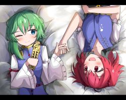 Rule 34 | 2girls, ;), asymmetrical hair, blue eyes, closed mouth, epaulettes, hair bobbles, hair ornament, holding, holding hands, letterboxed, long sleeves, looking at another, lying, multiple girls, obi, on back, one eye closed, onozuka komachi, open mouth, red eyes, red hair, rod of remorse, sash, shiki eiki, short hair, short sleeves, smile, spam (spamham4506), touhou, two side up, upper body, wide sleeves